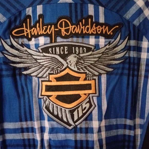 Harley-Davidson's 115th Anniversary Blue Plaid Women's Short-Sleeve Shirt XL NWT - Picture 7 of 9